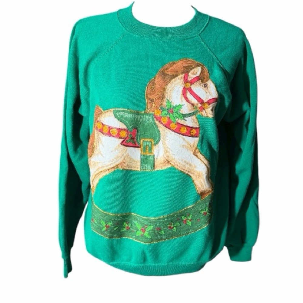 Hanes Green Sweater Christmas with Horse Design Size L